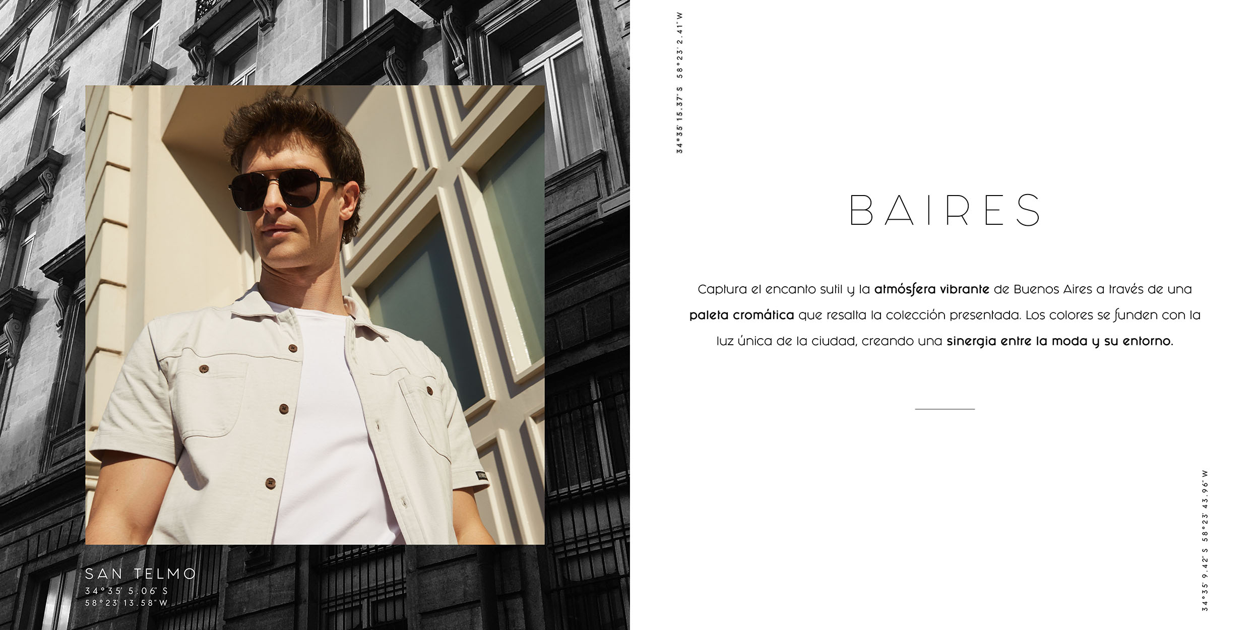 Captura el encanto sutil y la atmósfera vibrante de Buenos Aires a través de una paleta cromática que resalta la colección presentada. Los colores se funden con la luz única de la ciudad, creando una sinergia entre la moda y su entorno. 